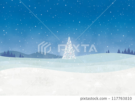 Night snowy landscape and glowing white tree 117763810
