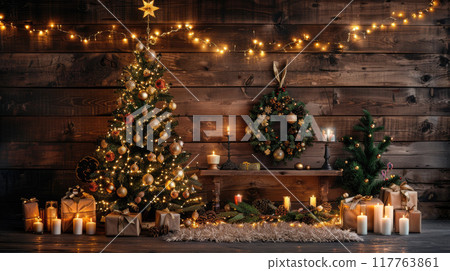 Christmas decor on a wooden wall background. Decorated Christmas tree with twinkling lights and bright toys. 117763861