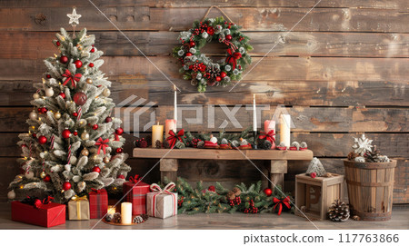 Christmas decor on a wooden wall background. Decorated Christmas tree with twinkling lights and bright toys. 117763866