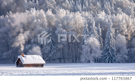 Winter landscape with a snow-covered field and forest. The trees are covered with snow 117763867