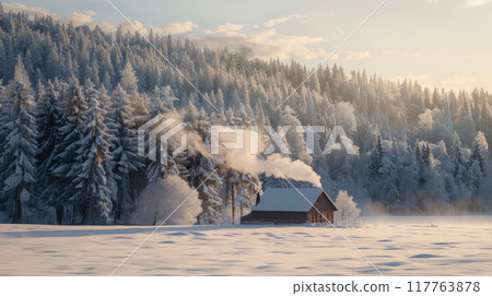 Winter landscape with a snow-covered field and forest. The trees are covered with snow 117763878