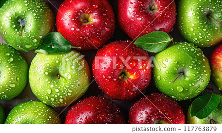 Fresh ripe red and green apples with water drops. Rustic fruit background. Top view 117763879