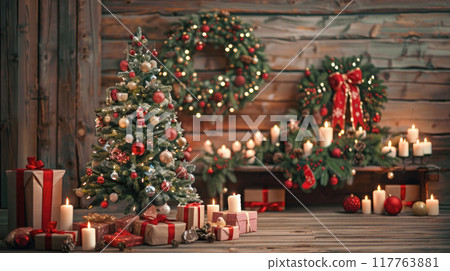 Christmas decor on a wooden wall background. Decorated Christmas tree with twinkling lights and bright toys. 117763881