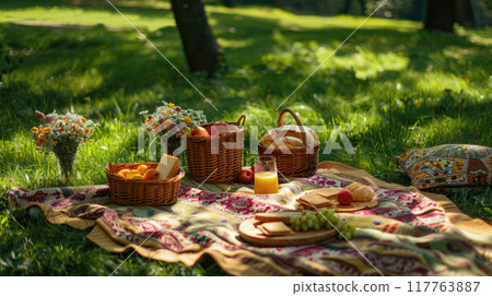 Scene of a summer picnic in a park on a green lawn. A large blanket spread on the grass with a variety of snacks 117763887