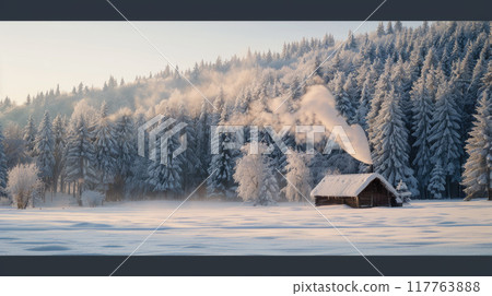 Winter landscape with a snow-covered field and forest. The trees are covered with snow 117763888