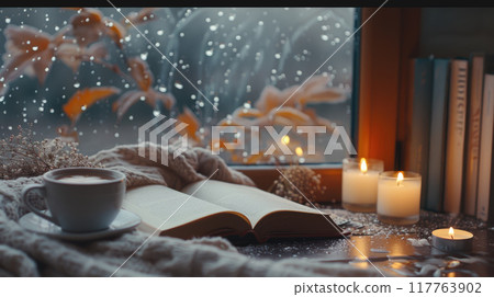Close-up of a cozy home corner with a cup of hot tea or coffee on a wooden table. 117763902