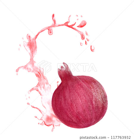 Ripe pomegranate splashing in a pink juice, rich textured, vibrant illustration isolated on white. The hand-painted watercolor perfect for culinary designs, juice packages, kitchen decor, prints 117763932