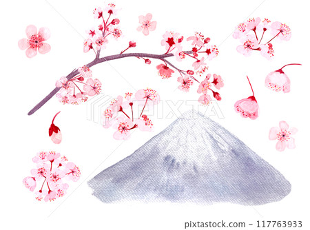 Pink sakura branches, flowers and a mountain set isolated on white. Watercolor hand painted high quality nature design elements great for cards, banners, oriental, Japan tourist ads design and decor 117763933