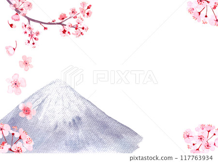 Pink sakura branch and a mountain horizontal card isolated on white. Watercolor hand painted high quality nature design elements great for banners, beauty salons, oriental design, Japan tourist ads Pink sakura branch and a mountain horizontal card isolated on white. Watercolor hand painted high quality nature design elements great for banners, beauty salons, oriental design, Japan tourist ads 117763934