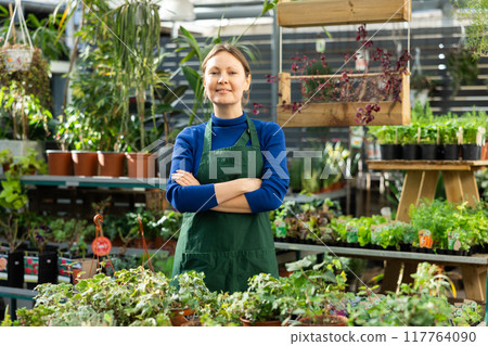 in flower shop, woman seller waits for buyers in flower shop, woman seller waits for buyers 117764090