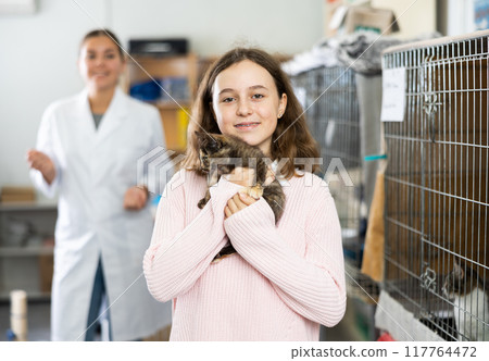 Tween girl standing in animal shelter with little kitten Tween girl standing in animal shelter with little kitten 117764472