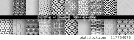 Geometric set of seamless black and white patterns. Simple vector graphics. 117764976