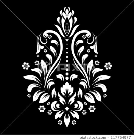 Damask graphic ornament. Floral design element. Black and white vector pattern. 117764977
