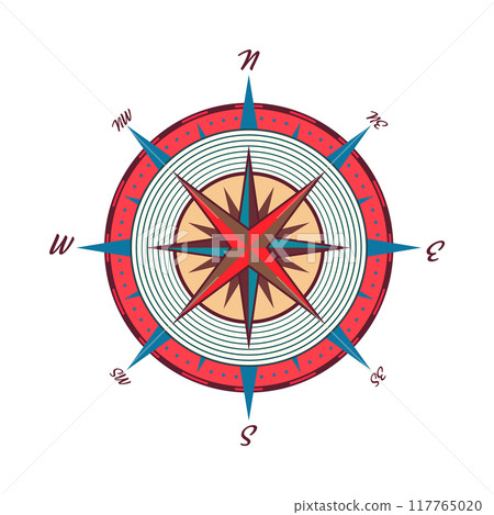 Vintage marine wind rose, nautical chart. Colorful navigational compass with cardinal directions of North, East, South, West. Geographical position, cartography and navigation. Vector illustration 117765020