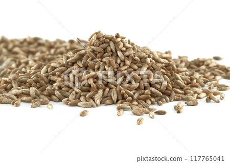 Pile of rye grains isolated on a white background Pile of rye grains isolated on a white background 117765041