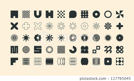Brutalist geometric shapes, modern symbols. Simple primitive elements and forms. Retro design, trendy contemporary minimalist style, y2k. Vector illustration Brutalist geometric shapes, modern symbols. Simple primitive elements and forms. Retro design, trendy contemporary minimalist style, y2k. Vector illustration 117765045