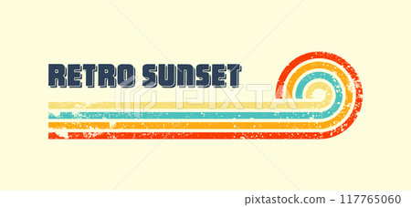 Grunge horizontal vintage sunset. Various colorful striped sunrise badges in 80s and 90s style. Sun and ocean view, summer vibes, surfing. Design element, print, logo or t-shirt. Vector illustration 117765060