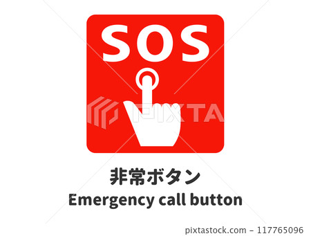 Emergency button, SOS, emergency call, call button sign, pictogram, sign, signboard, illustration 117765096
