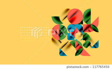Color beautiful circles, semi circles, squares and round triangles. Geometric mosaic style pattern abstract background for wallpaper, banner, backdrop, card, book Illustration, landing page Color beautiful circles, semi circles, squares and round triangles. Geometric mosaic style pattern abstract background for wallpaper, banner, backdrop, card, book Illustration, landing page 117765450