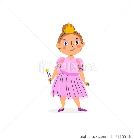 Funny girl in pretty halloween costume. Baby girl dressed as a princess. Vector illustration. Happy and cute carnival kid. Funny girl in pretty halloween costume. Baby girl dressed as a princess. Vector illustration. Happy and cute carnival kid. 117765506