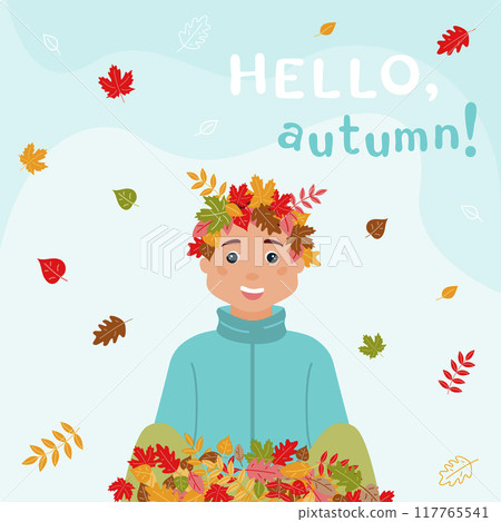 Square background Hello, autumn! A happy boy with a wreath of leaves on his head is sitting in a pile of colorful leaves. Leaf fall. The autumn season. Vector illustration in a flat style. 117765541