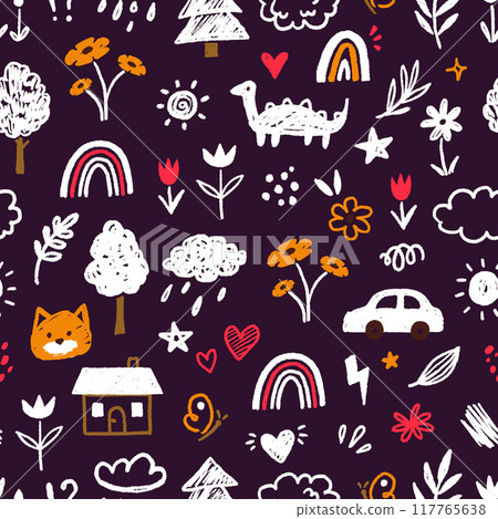 Cute kid flower, child element seamless pattern. Hand drawn doodle sketch children cute vector school chalk background. Kids doodle crayon style line flower, cloud doodle pattern. Vector Cute kid flower, child element seamless pattern. Hand drawn doodle sketch children cute vector school chalk background. Kids doodle crayon style line flower, cloud doodle pattern. Vector 117765638