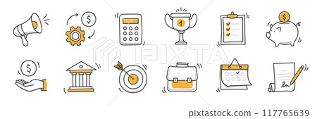 Hand drawn doodle business, money icon set. Finance, money, marketing sketch drawn cute trendy line doodle icon. Business bank, finance calculator, economic goal elements. Vector Hand drawn doodle business, money icon set. Finance, money, marketing sketch drawn cute trendy line doodle icon. Business bank, finance calculator, economic goal elements. Vector 117765639
