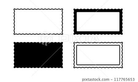 Border frame scallop edge rectangle vector shape. Wave scallop squiggle cute simple rectangle border set. Simple wavy squiggly line retro photo picture frame. Vector 117765653