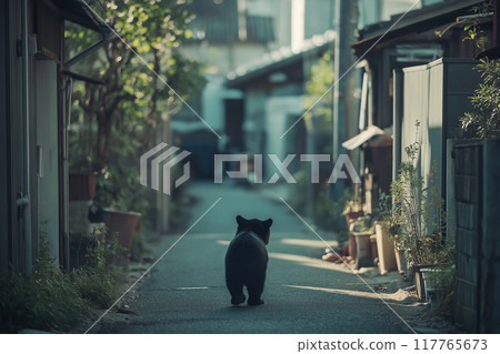 A baby Asiatic black bear walking through a residential area. An image of the damage caused by a pest animal. 117765673