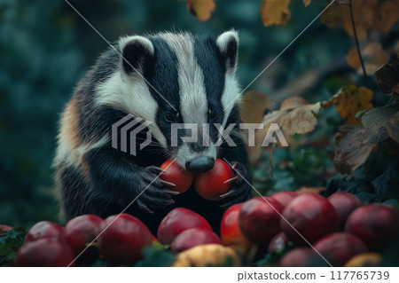 Badger eating fruit. Image of damage to orchards. 117765739