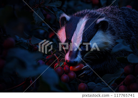 Badger eating fruit. Image of damage to orchards. 117765741