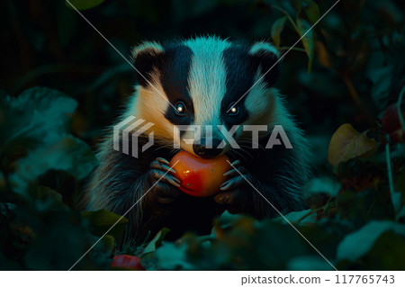 Badger eating fruit. Image of orchard damage. Eyes glowing in the dark at night. 117765743