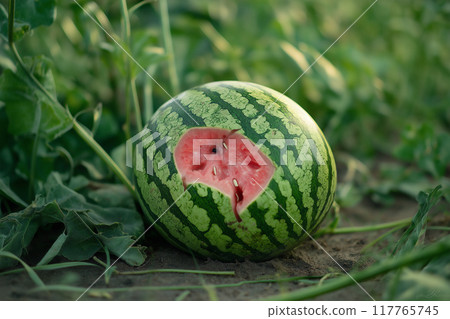 A watermelon with signs of having been bitten by a wild animal. An example of damage caused by pests. 117765745