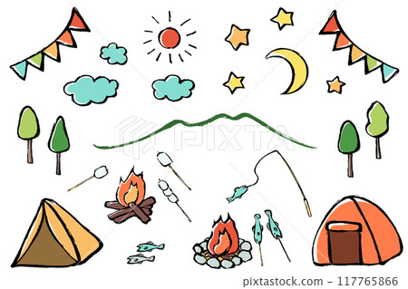 A set of camping illustrations with brush strokes 117765866