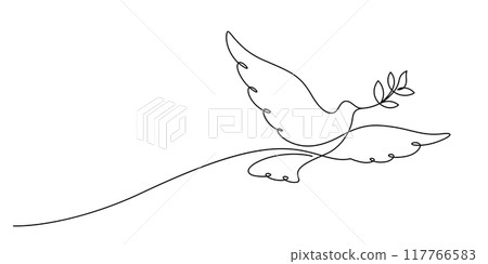 white dove flying with olive branch one line continuous 117766583