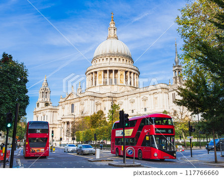 London: St. Paul's Cathedral and the famous double-decker bus London: St. Paul's Cathedral and the famous double-decker bus 117766660