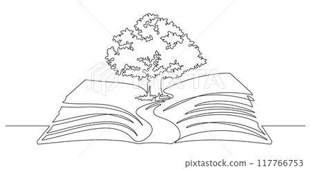 big tree and opening book continuous line drawing 117766753