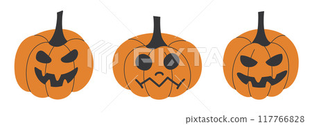 Vector illustration set of three cartoon Jack-o-lanterns with different spooky faces. Halloween collection of flat designs in orange and black, jack o lantern pumpkins for autumn decorations  117766828