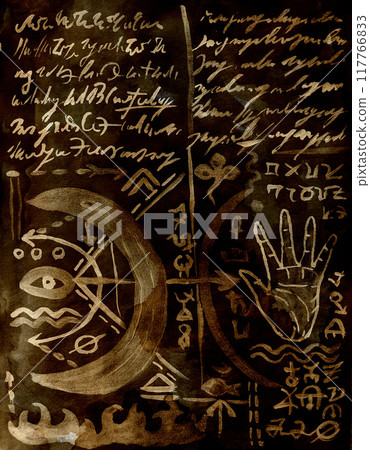 Hand drawn illustration of decorated old page with palm, mystic symbols from witch magic spell book. Gothic, occult and esoteric background. Only fantasy letters, no foreign language 117766833
