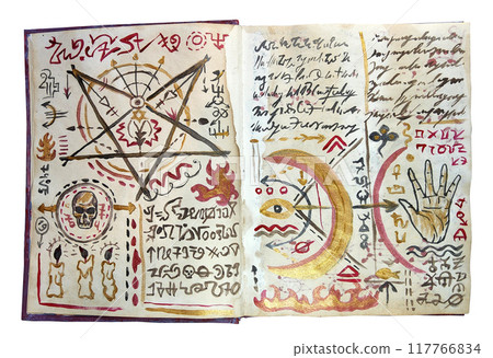 Hand drawn illustration of decorated old pages with mystic symbols from witch magic spell book. Gothic, occult and esoteric background. Only fantasy letters, no foreign language 117766834