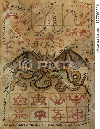 Hand drawn illustration of decorated old page with demon and mystic symbols from witch magic spell book. Gothic, occult and esoteric background. Only fantasy letters, no foreign language 117766836