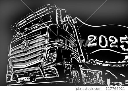 Illustrative.Modern Mercedes Benz truck with New Year's date on board. Mercedes Benz Actros truck in the haze with a curved body. 117766921