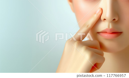 "Close-up of a young woman's face pointing at her nose" 117766957