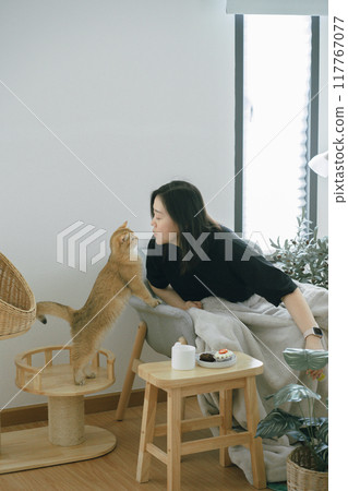 pet care concept with owner during read book and take coffee break and play with cat in livingroom pet care concept with owner during read book and take coffee break and play with cat in livingroom 117767077