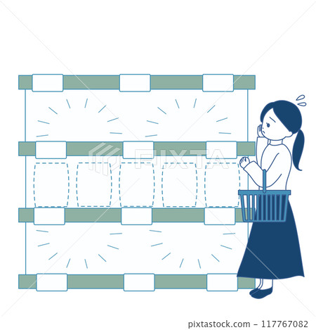 一名因貨架上沒有產品而陷入困境的婦女的插圖 一名因貨架上沒有產品而陷入困境的婦女的插圖 117767082