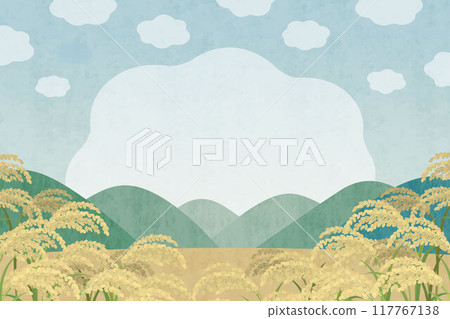 Rice field landscape Watercolor illustration of rice field Rice background 117767138