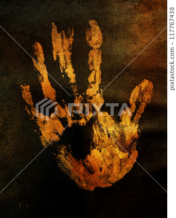 Hand drawn illustration of decorated old page with golden palm against black from witch magic spell book. Gothic, occult and esoteric background. Only fantasy letters, no foreign language 117767438