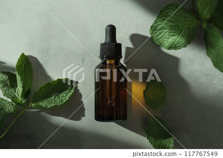 A bottle of beauty serum and mint leaves. An image of a plant-based skincare product. A bird's-eye view. 117767549