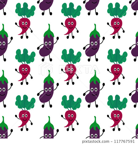 Friendly Beetroot and eggplant Seamless Pattern. Summer vegetable background. Vegan raw. Vegetarian food. Farm market product. Vector flat illustration Friendly Beetroot and eggplant Seamless Pattern. Summer vegetable background. Vegan raw. Vegetarian food. Farm market product. Vector flat illustration 117767591
