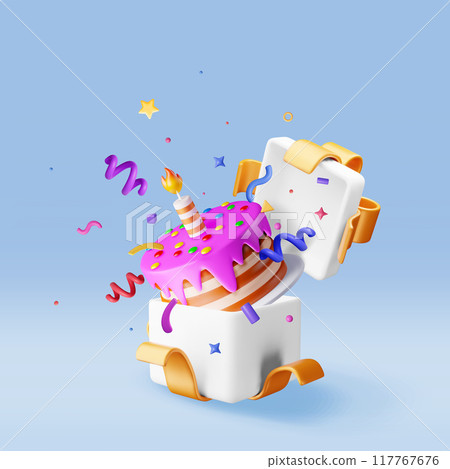 3D cake with candle with confetti in gift box 117767676